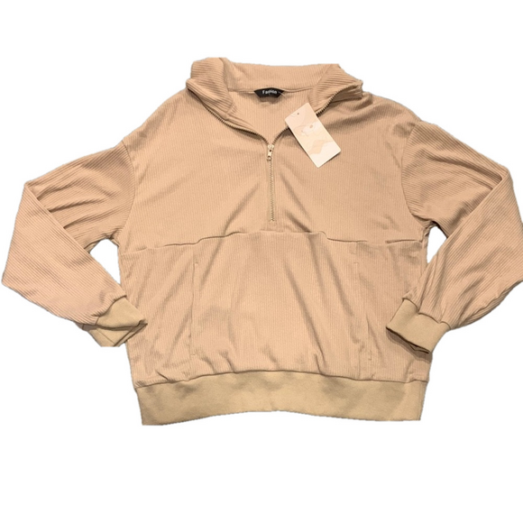Fashion Nova Sweaters - NWT Kangaroo Pocket Tan Quarter-Zip Pullover Medium